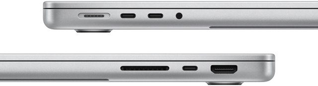 Vue latérale d'un MacBook Pro 14 pouces avec puce M3 Pro. Côté gauche : port MagSafe, deux ports Thunderbolt 4 et prise casque. Côté droit : lecteur de carte SDXC, un port Thunderbolt 4 et port HDMI
