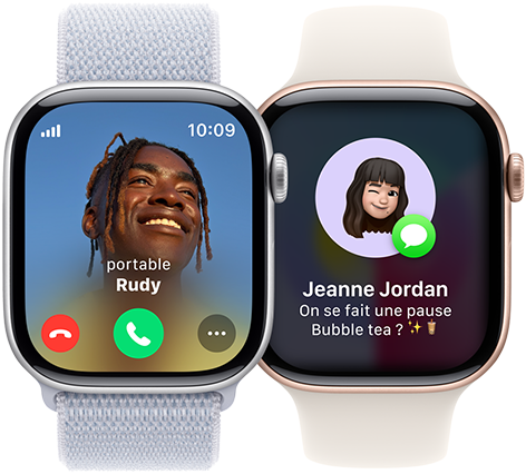 Appel entrant sur une Apple Watch Series 10 et réception d'un SMS sur une autre Apple Watch Series 10.