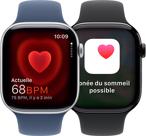 Deux Apple Watch Series 10, l'une affichant l'app Fréquence cardiaque avec une mesure à 68 BPM, et l'autre une notification d'apnée du sommeil.