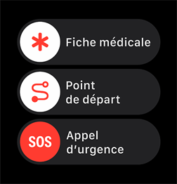 Curseurs d'appel d'urgence, de fiche médicale et de Point de départ.