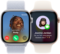 Appel entrant sur une Apple Watch Series 10 et réception d'un SMS sur une autre Apple Watch Series 10