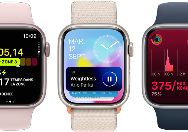 Une vue frontale de cinq Apple Watch montrant le plus grand nombre d'informations sur chaque écran grâce à la mise à jour watch OS 10.