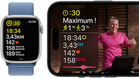 Données d'exercice affichées sur Apple Watch et entraînement Apple Fitness+ sur iPhone
