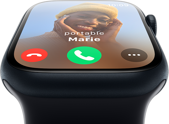 Vue frontale de l'Apple Watch montrant un appel entrant.