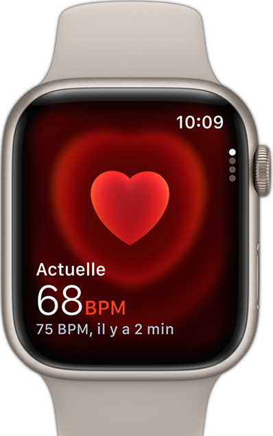 Vue frontale de l'Apple Watch montrant les battements de coeur de quelqu'un.