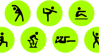 Activités de l'app Exercice, notamment Fauteuil, Yoga, Rameur, Renforcement fonctionnel, Basket-ball, Vélo d'intérieur et Gainage, représentées par des icônes