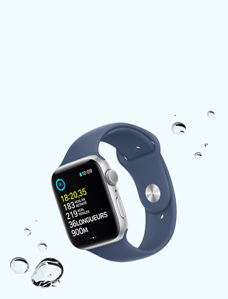 Écran de l'activité Natation sur une Apple Watch SE, à côté de gouttes d'eau