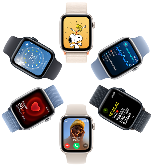 Une vue aérienne de six Apple Watch SE dont les six écrans affichent respectivement le fond d'écran Snoopy, des données de l'app Santé, des données de l'app Exercice, un appel entrant, la Fréquence cardiaque et l'app Météo.
