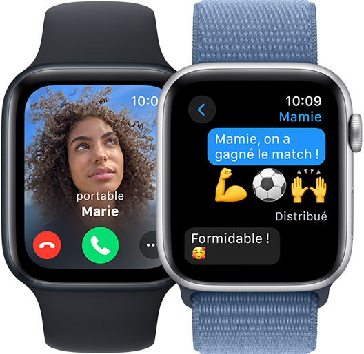 Deux écrans d'Apple Watch SE. L'un affichant un appel entrant. L'autre, un fil de discussion dans Messages.