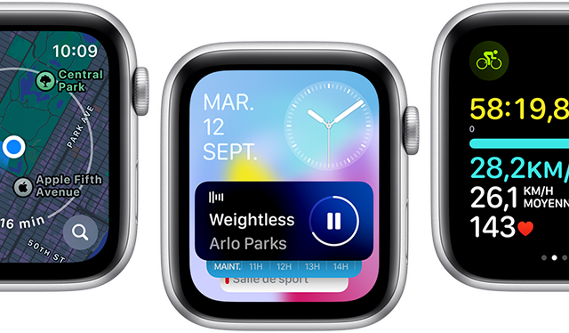 Vue avant de plusieurs écrans d'Apple Watch SE affichant différents écrans d'apps actualisées.