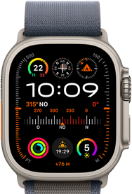 Apple Watch Ultra 2 associée à la Boucle Alpine bleu, affichant un cadran avec des complications dont le GPS, la température, la boussole, l'altitude et des données d'entraînement