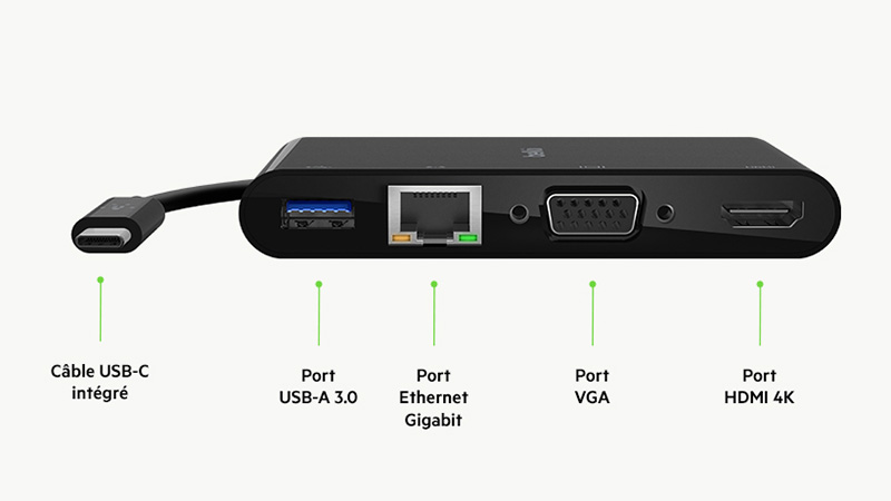 Belkin Adaptateur USB-C avec 1x HDMI 4K, 1x VGA et RJ45 - Station