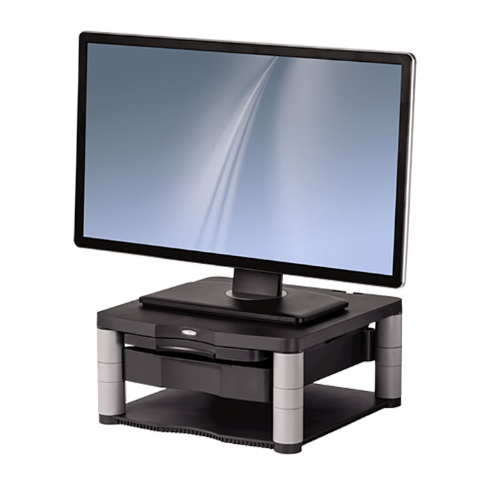 Support Écran Fellowes Designer Suites - Réglable 3 Hauteurs, Tiroir, Noir