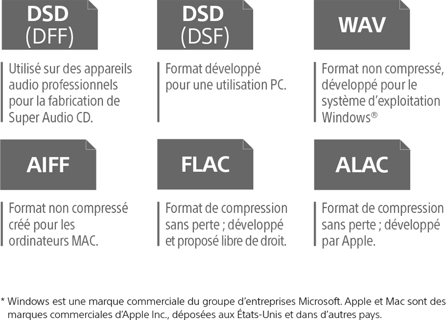 DSD (DFF) Utilis&eacute; sur des appareils audio professionnels pour la fabrication de Super Audi CD. | DSD (DSF) Format d&eacute;velopp&eacute; pour une utilisation PC. | WAW Format non compr&eacute;ss&eacute;, d&eacute;velopp&eacute; pour le syst&egrave;me d'exploitation Windows&reg; | AIFF Format non compr&eacute;ss&eacute; cr&eacute;&eacute;e pour les ordinateurs MAC | FLAC Format de compression sans perte ; d&eacute;velopp&eacute; et propos&eacute; libre de droit. | ALAC Format de compression sans perte ; d&eacute;velopp&eacute; par Apple.