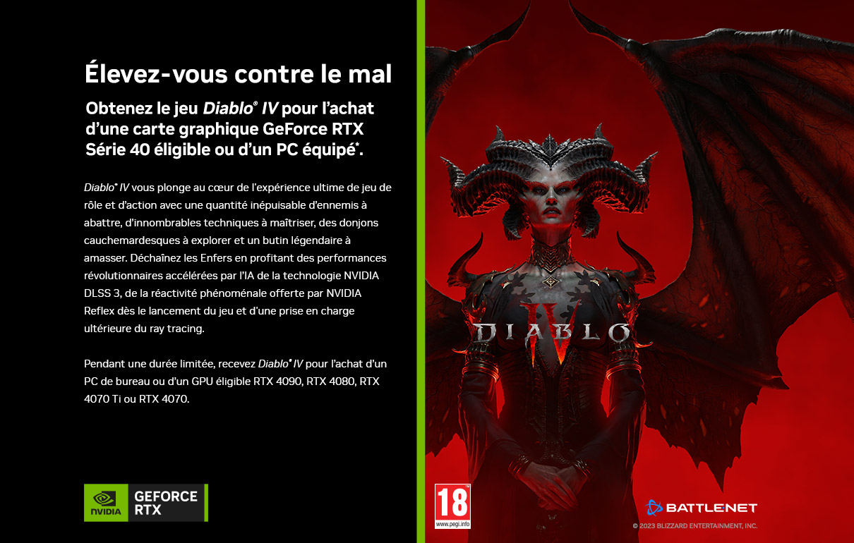 Diablo IV offert pour l'achat d'une carte graphique GeForce RTX Série 40 ou d'un PC équipé éligible