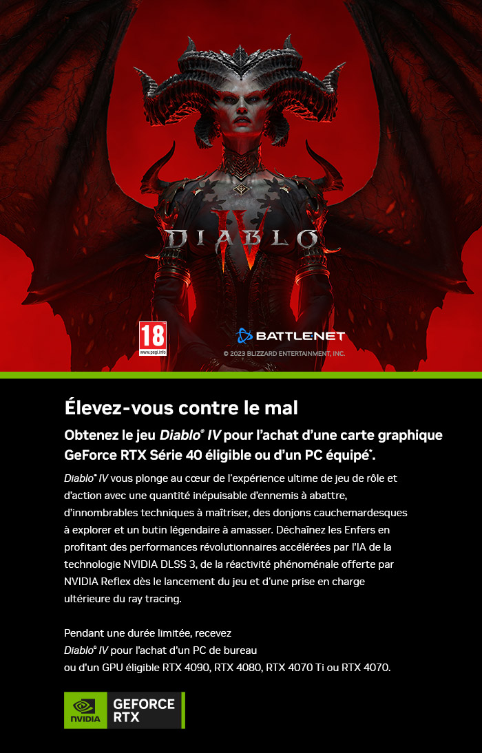 Diablo IV offert pour l'achat d'une carte graphique GeForce RTX Série 40 ou d'un PC équipé éligible