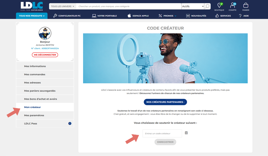 Screenshot compte client