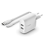 Belkin Boost Charge Chargeur secteur 2 ports USB-A 24 W avec câble USB-A vers USB-C (Blanc)