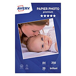 Avery Papier Photo Premium Jet d'encre A4, Blanc, Brillant, 250 g/m² (20 feuilles)