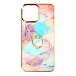Avizar Coque pour iPhone 13 Pro Bi-matière avec Bague de maintien à strass effet bijou Motif marbre Bleu et Rose