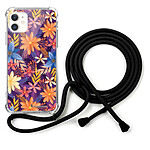 LaCoqueFrançaise Coque cordon iPhone 11 noir Dessin Fleurs violettes et oranges