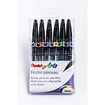 PENTEL Pochette de 6 Feutres pinceau Brush Sign Noir, Rouge, Bleu, Vert, Violet, Jaune