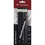 Tombow Set de 6 Crayons Graphite Haute Qualité MONO 2H, HB, B, 2B, 4B, 6B + porte-gomme