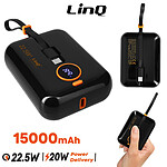 LinQ Powerbank 15000mAh Port USB 22.5W Câbles USB-C et Lightning Écran LED  Noir