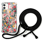 LaCoqueFrançaise Coque cordon iPhone 11 noir Dessin Fleurs Beige et Rose
