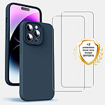 Evetane Coque iPhone 14 Pro Silicone liquide Bleu Marine + 2 Vitres en Verre trempé Protection écran Antichocs