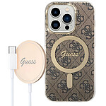 Guess Pack MagSafe pour iPhone 14 Pro Max Coque Motif et Chargeur MagSafe Dorée