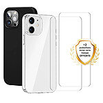 Evetane Lot de 2 Coques iPhone 12/12 Pro transparente Motif et Noire Antichoc Silicone + 2 Vitres en verre trempé Protection écran