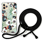 LaCoqueFrançaise Coque cordon iPhone 11 Pro noir Dessin Fleurs vert d'eau