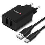 Swissten Chargeur Secteur Double USB 2.1A Smart IC + Câble USB-C  Noir