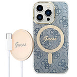 Guess Pack MagSafe pour iPhone 14 Pro Max Coque Motif et Chargeur MagSafe Bleu