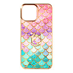 Avizar Coque pour iPhone 13 Mini Bi-matière avec Bague de maintien à strass effet bijou Motif écaille Bleu et Rose