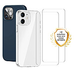 Evetane Lot de 2 Coques iPhone 12/12 Pro transparente Motif et Bleue Antichoc Silicone + 2 Vitres en verre trempé Protection écran