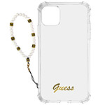 GUESS Coque pour iPhone 12 et 12 Pro Antichoc Transparent Bijou à Perle Bracelet Blanc