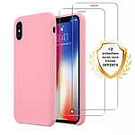 Evetane Coque iPhone X/XS Silicone liquide Rose + 2 Vitres en Verre trempé Protection écran Antichocs