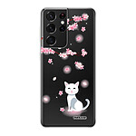 Evetane Coque Samsung Galaxy S21 Ultra 5G silicone transparente Motif Chat et Fleurs ultra resistant