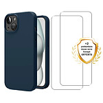 Evetane Coque iPhone 15 Silicone liquide Bleue Marine + 2 Vitres en Verre trempé Protection écran Antichocs