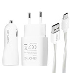 Avizar Pack 3 en 1 Chargeur secteur 2.1A Chargeur Voiture 2.1A et Câble Micro-USB Blanc