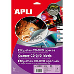 APLI Pochette de 50 étiquettes CD/DVD multi usage adhésif opaque Ø 117 / Ø 18 mm
