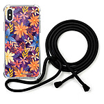LaCoqueFrançaise Coque cordon iPhone X/Xs noir Dessin Fleurs violettes et oranges