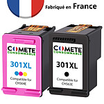 COMETE - 301 XL - Pack 2 Cartouches Made in France compatibles HP301XL - 1 Noir + 1 Couleur