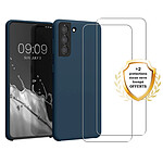 Evetane Coque Samsung Galaxy S21 Plus 5G Silicone liquide Bleu Marine + 2 Vitres en Verre trempé Protection écran Antichocs