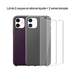 LaCoqueFrançaise Lot 2 Coques iPhone 11 silicone liquide Gris et Aubergine + 2 vitres en verre trempé de protection