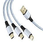 Avizar Câble 3 en 1 vers USB-C MicroUSB et Lightning Charge Rapide 1,2m Nylon Tressé