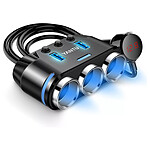 Avizar Splitter Chargeur Voiture 100W 3x Allume-cigare 2x USB Câble 70cm Noir