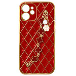 Avizar Coque Géométrique pour iPhone 12 avec Chaine Trèfle à quatre feuilles Rouge